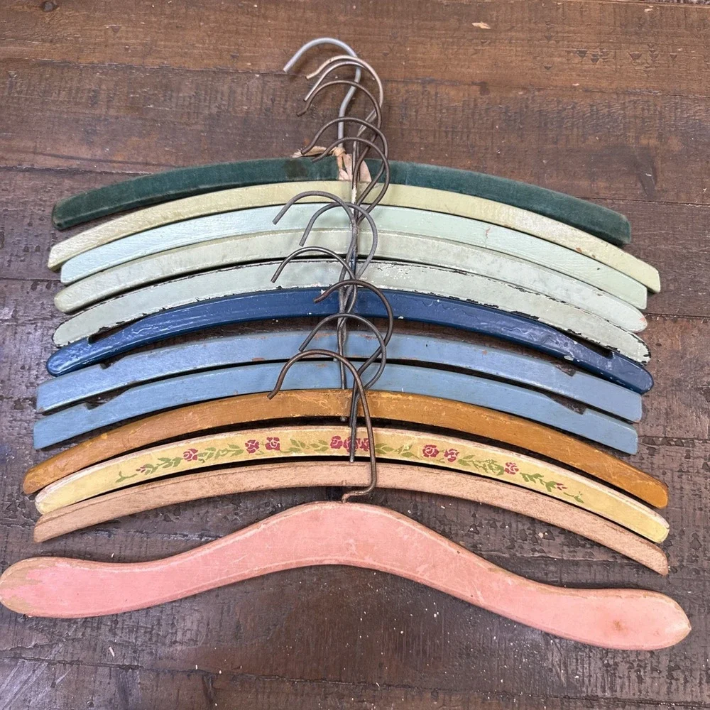 Vintage Painted Wooden Hangers Lot 12 Cottagecore Floral Velvet Shabby Chic